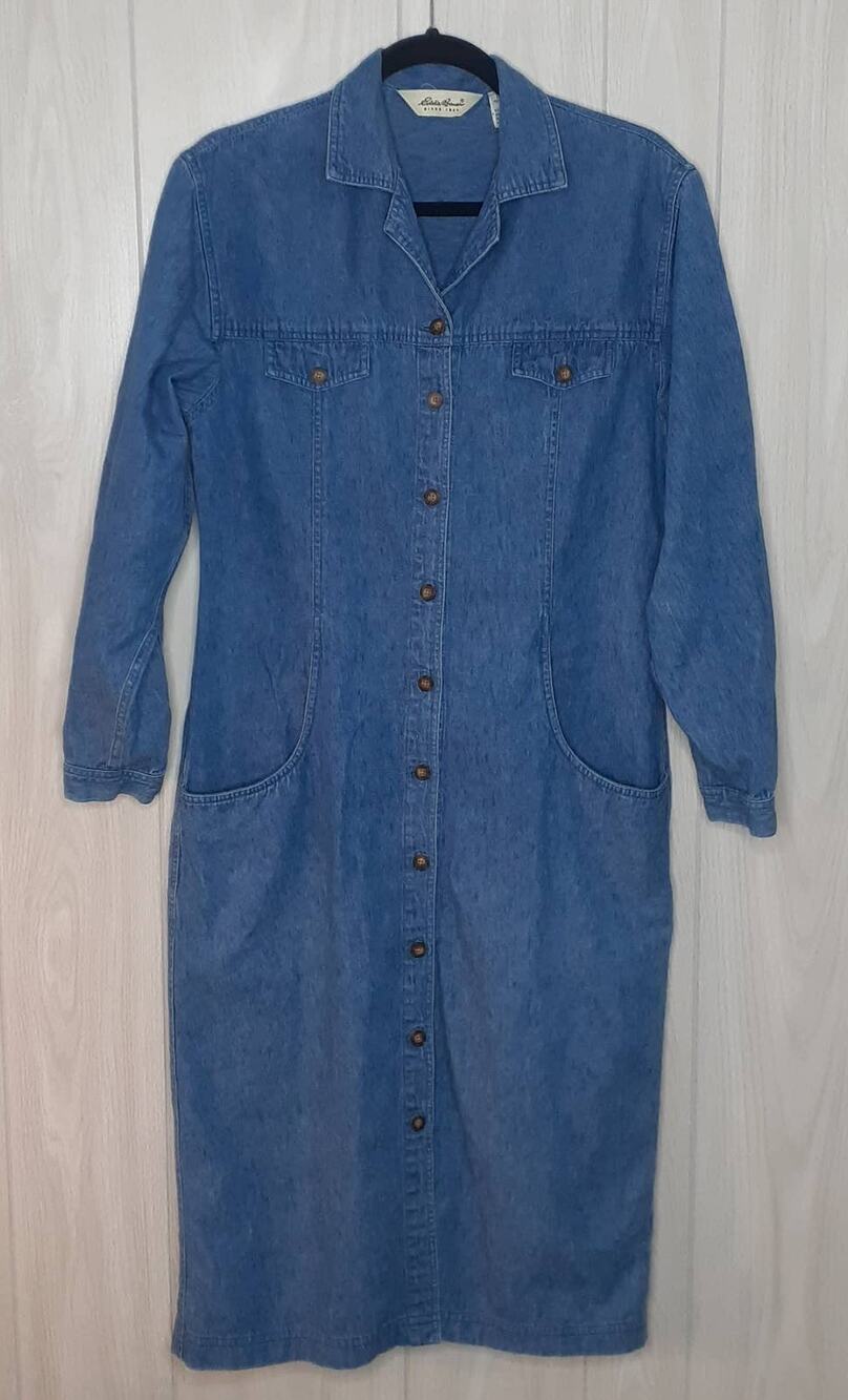 Ladies Eddie Bauer Long Sleeve Denim Dress Size Small Front Pockets